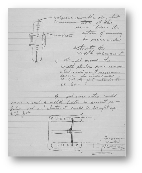 A sketch of a device to measure feet and shoe size.